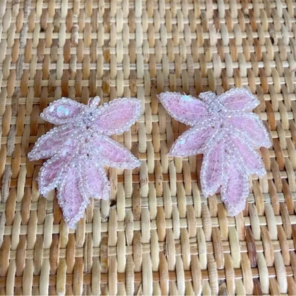 Vintage 80s pink sequin beaded leaf earrings barbie